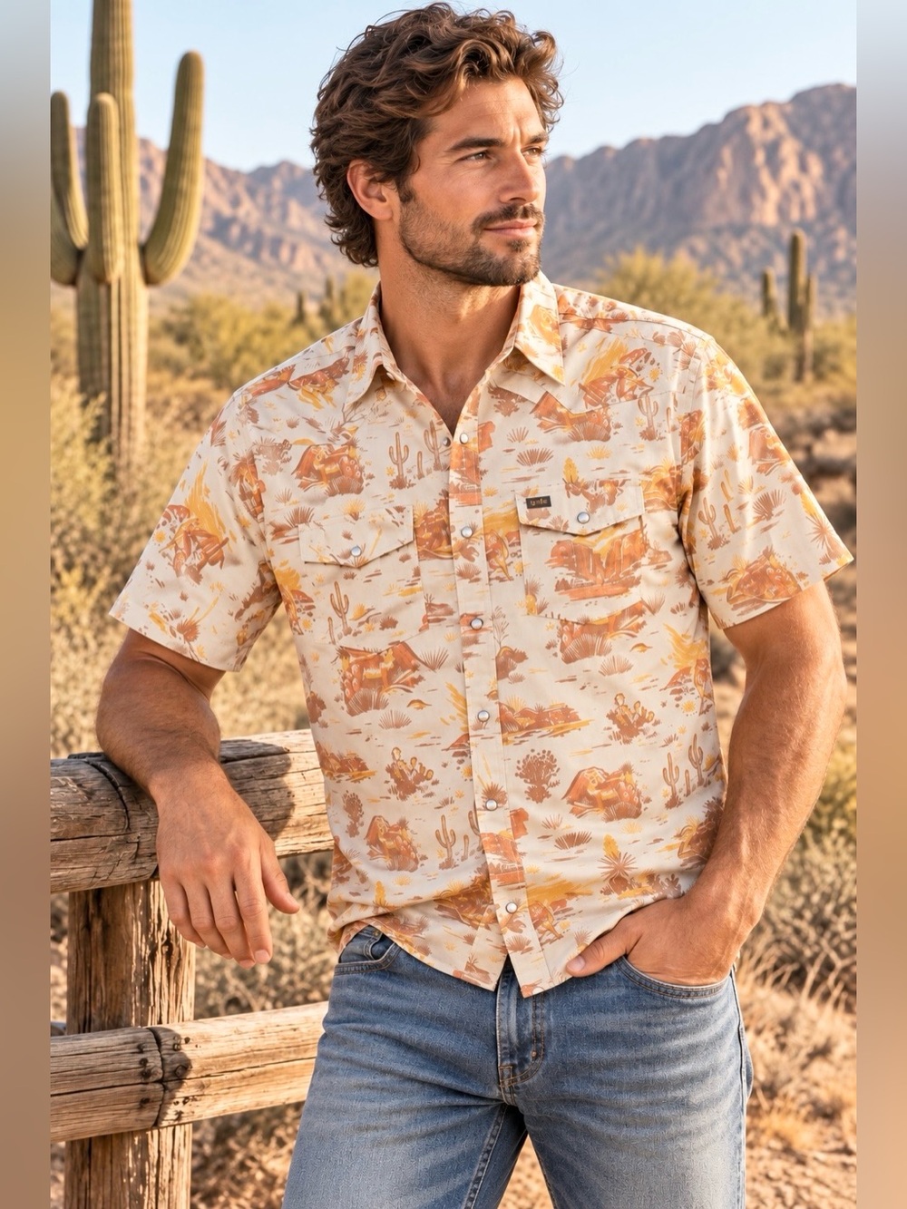 Howler Bros H bar B desert print pearl Snap short sleeve shirt large